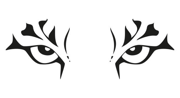 тигр глаза - черно-белый вектор тату иллюстрации - undomesticated cat white background pattern isolated stock illustrations