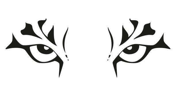 bildbanksillustrationer, clip art samt tecknat material och ikoner med tiger ögon - svartvit vektor tatuering illustration - djurhuvud