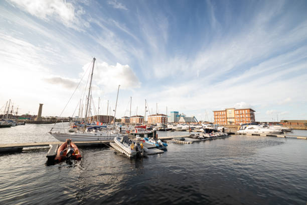Hartlepool Marina with yachts moored on a sunny day with beautiful clouds Hartlepool/UK - October 2019: Hartlepool marina yachts moored on jetty hartlepool photos stock pictures, royalty-free photos & images