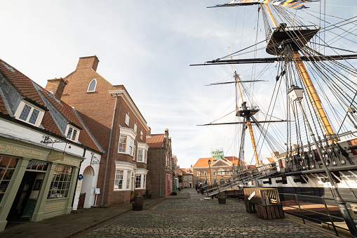 Hartlepool/UK - 11th October 2019:  National Museum of the Royal Navy Hartlepool. Maritime Museum Shops.  HMS Trincomalee