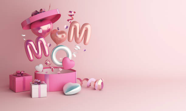 istock Happy mothers day decoration background with gift box, balloon, mom text, copy space text, 3D rendering illustration 1304887643