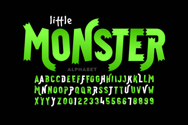 kinder cartoon verspieltstil little monster schriftart - monster stock-grafiken, -clipart, -cartoons und -symbole