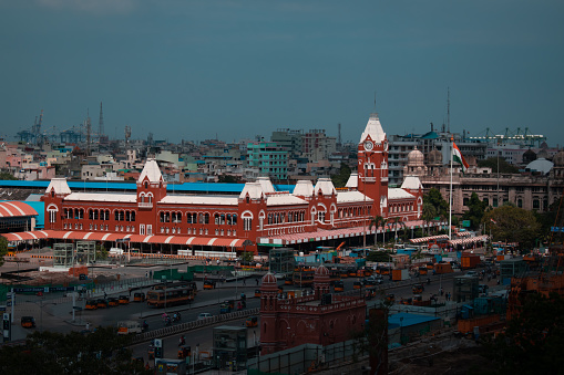 Chennai Central railway station on a sunny day.