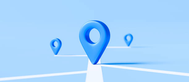 локатор знак карты и местоположение контактный или навигационный значок знак на синем фоне с концепцией поиска. 3d рендеринг. - locator стоковые фото и изображения