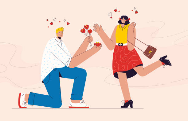 ilustraciones, imágenes clip art, dibujos animados e iconos de stock de hombre feliz propone matrimonio con su novia - love romance cartoon heterosexual couple