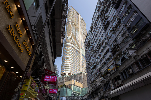 Hong Kong - March 2, 2021 : The Masterpiece residential building in Tsim Sha Tsui, Hong Kong. The building has 64 floors with the K11 shopping centre.