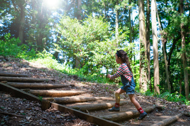 A child walking on the steps of the forest