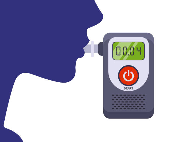 ilustrações de stock, clip art, desenhos animados e ícones de the driver exhales into the breathalyzer. testing a person for alcohol intoxication - intoxication