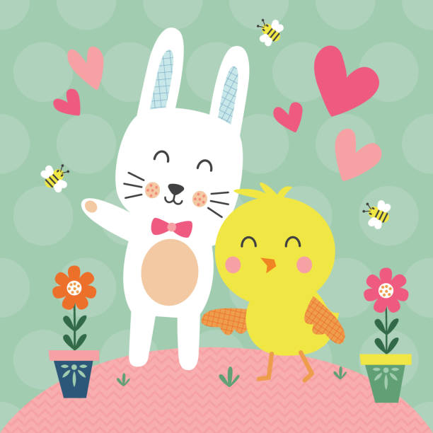 ilustrações, clipart, desenhos animados e ícones de coelho fofo e pintinhos no jardim para cartão de saudações da páscoa - easter animal nest multi colored cheerful