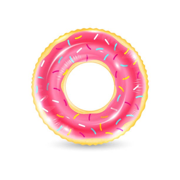 istock Inflatable ring looking like donut isolated on white background. Realistic colorful rubber swimming buoy. Vector illustration of top view at pool floater in glazed doughnut shape, beach toy 1304892985