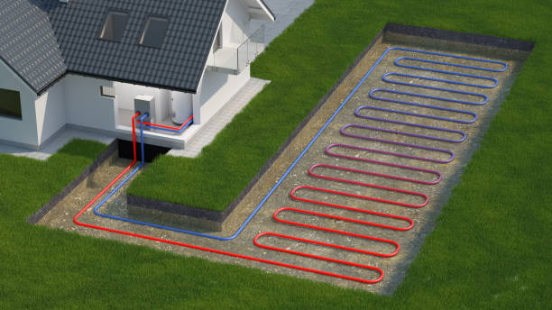 Heat Pump, ground source, 3d illustration diagram of ground heat pump receiving stock pictures, royalty-free photos & images
