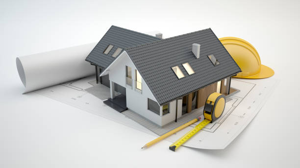 modèle de maison sur les plans, concept d’architecture - illustration 3d - maquette darchitecture photos et images de collection