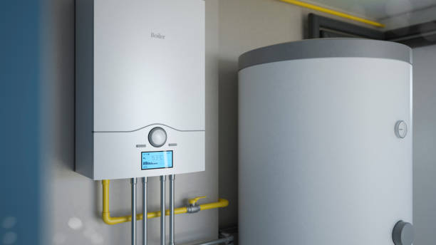 sala da caldeira - sistema de aquecimento a gás, ilustração 3d - gas boiler water heater boiler radiator - fotografias e filmes do acervo