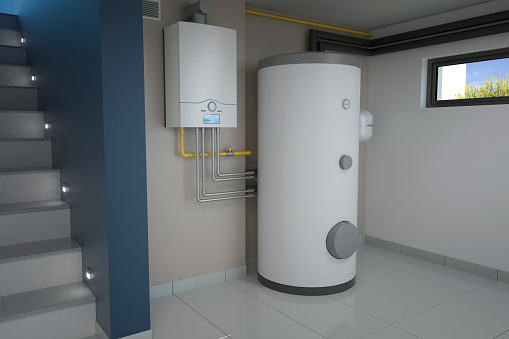 Sala de calderas - sistema de calefacción de gas, ilustración 3D photo