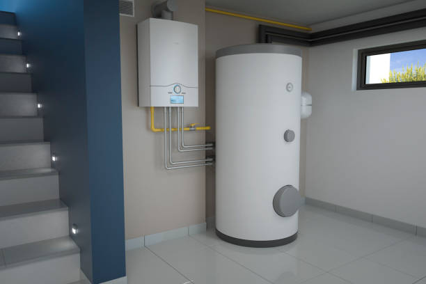 sala da caldeira - sistema de aquecimento a gás, ilustração 3d - gas boiler water heater boiler radiator - fotografias e filmes do acervo