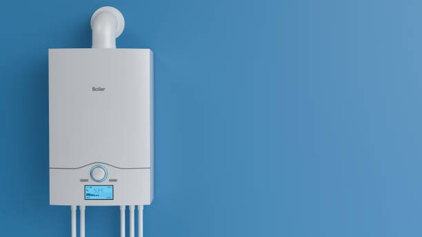 Modern gas boiler on blue wall, 3d illustration