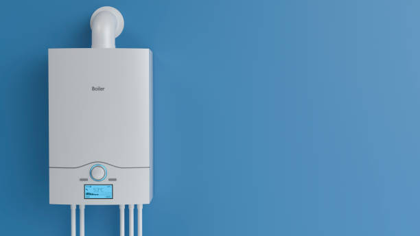 caldeira de gás moderna na parede azul, ilustração 3d - water heater - fotografias e filmes do acervo