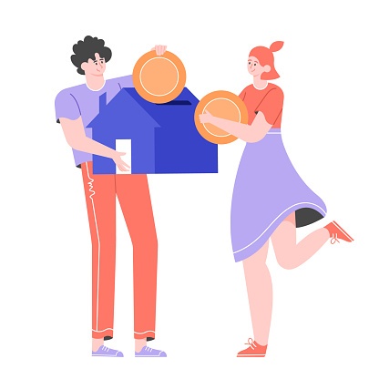 The family dreams of buying their own property. They are saving up money for a house. Investments in real estate. Young lovely couple holds coins in their hands. Vector flat illustration.