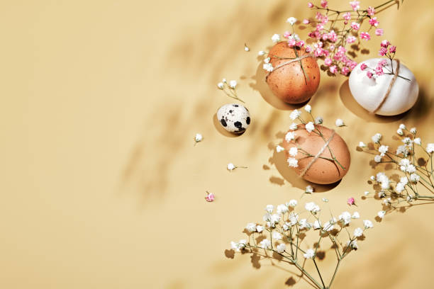 istock Easter eggs with natural diy decor, flowers and shadows. Zero Waste Easter Concept 1304899492