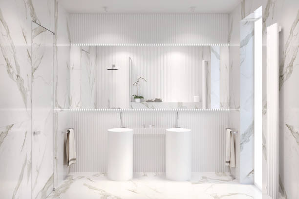 White bathroom with large rectangular mirror above two freestanding washbasins, shelf for bathroom accessories, towels, marble floor and walls, window and door, spotlights on the ceiling. 3d render bathroom designer shower house stock pictures, royalty-free photos & images