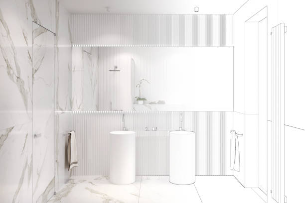 istock The sketch becomes a real White bathroom with large rectangular mirror above two freestanding washbasins, shelf for bathroom accessories, towels, marble floor and walls, window, and door. 1304901516