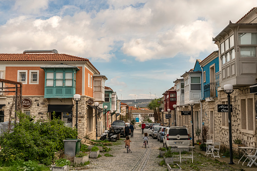 Alacati, Turkey - February 06, 2021:Views of empty streets, Restaurants, Shops and Cafes in ALACATI (Alaçatı) during curfew due to coronavirus with tourists.
