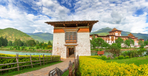 Entrance way to Punakha Dzong Monastery, one of the largest monastery, Punakha, Bhutan stock photo
