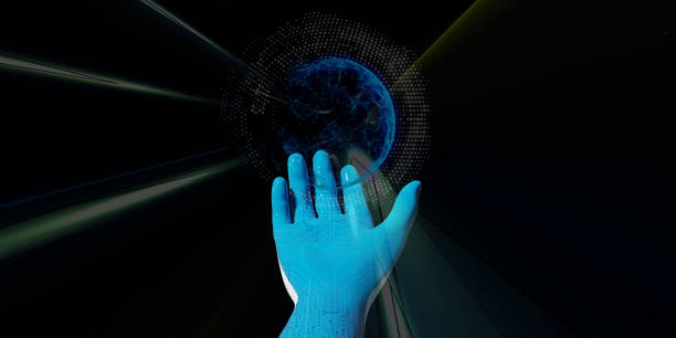 istock Blue robot hand With the light of technology Presentation concepts in the digital age 3d illustration 1304908375