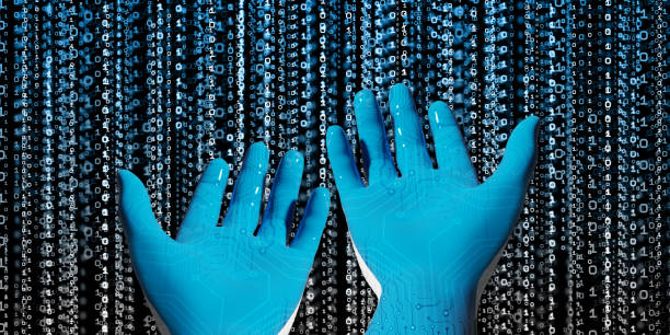 istock Blue robot hand With the light of technology Presentation concepts in the digital age 3d illustration 1304908462