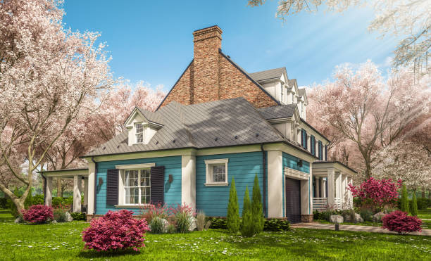 representación en 3d de la casa clásica moderna en estilo colonial en la primavera - cherry blossom spring day sakura fotografías e imágenes de stock