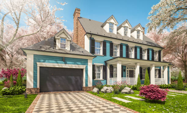 istock 3d rendering of modern classic house in colonial style in spring day 1304909481