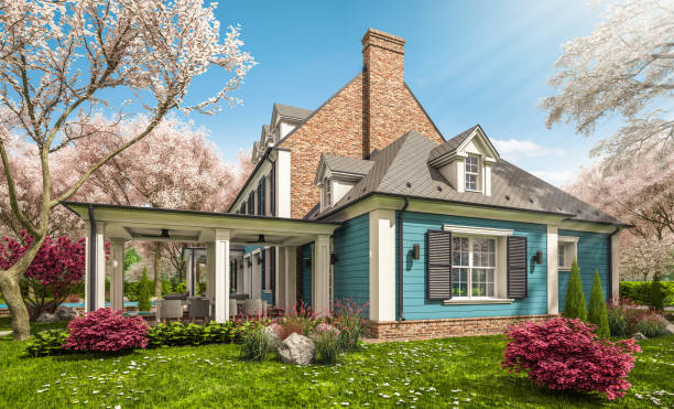 istock 3d rendering of modern classic house in colonial style in spring day 1304909656