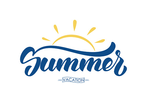 Vector illustration: Brush lettering composition of Summer Vacation with sun isolated on white background.