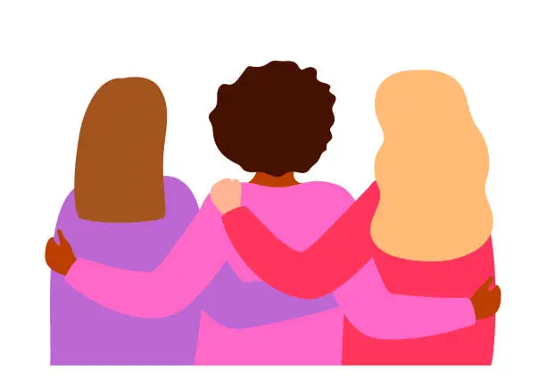 Vector illustration of International group of women hug and support together, back view. Sisterhood, friends, union of feminists, solidarity. Happy girls team. Vector illustration