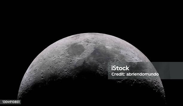 Waxing Crescent Moon With A Night Sky Stars Background Amazing View Of The Tiny Moon Surface Illuminated By The Sun And The Dark Side Of The Moon Dramatical Thin Line Cut Out In The Starry Nighsky Stock Photo - Download Image Now