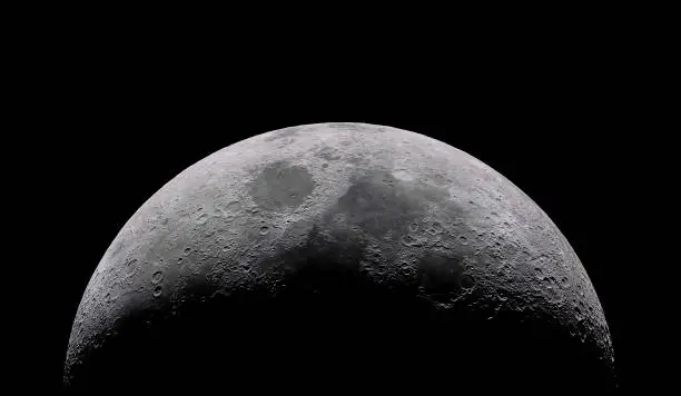 The Moon our satellite companion that illuminates our path during the night on a telescope detailed view with the Lunar craters and seas. An amazing space scene on our lovely Solar System