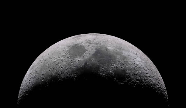 waxing crescent moon with a night sky stars background. amazing view of the tiny moon surface illuminated by the sun and the dark side of the moon. dramatical thin line cut out in the starry nighsky - lua planetária imagens e fotografias de stock