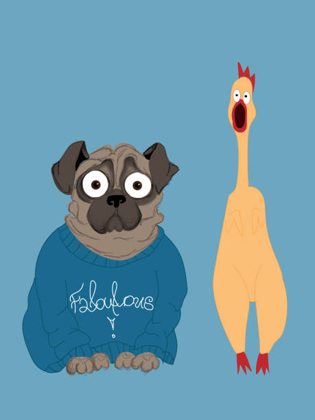 Funny dog and rubber chicken cartoon Funny dog and rubber chicken cartoon scared chicken cartoon stock illustrations