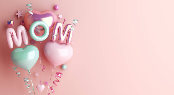 Happy mothers day decoration background with balloon, mom text, copy space text, 3D rendering illustration Happy mothers day decoration background with balloon, mom text, copy space text, 3D rendering illustration mothers day stock pictures, royalty-free photos & images