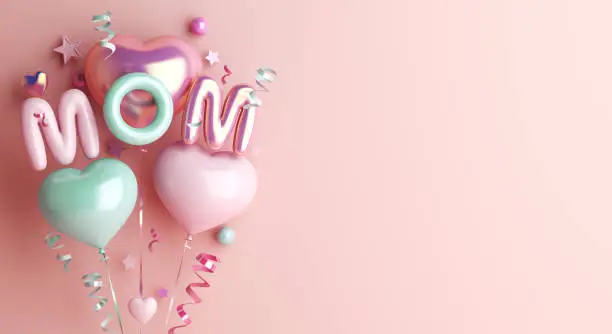Photo of Happy mothers day decoration background with balloon, mom text, copy space text, 3D rendering illustration