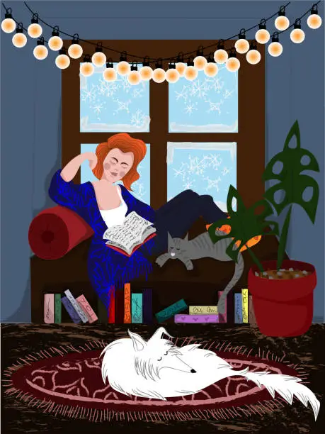 Vector illustration of Reading book and relaxing at home during winter time