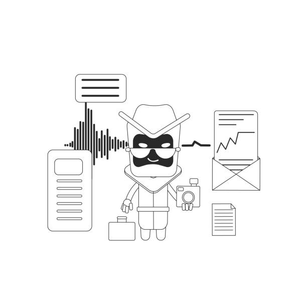 Spy bot thin line concept vector illustration. Messages spying software. Collecting personal information. Bad robot 2D cartoon character for web design. Malicious malware creative idea Spy bot thin line concept vector illustration. Messages spying software. Collecting personal information. Bad robot 2D cartoon character for web design. Malicious malware creative idea agent nasty stock illustrations