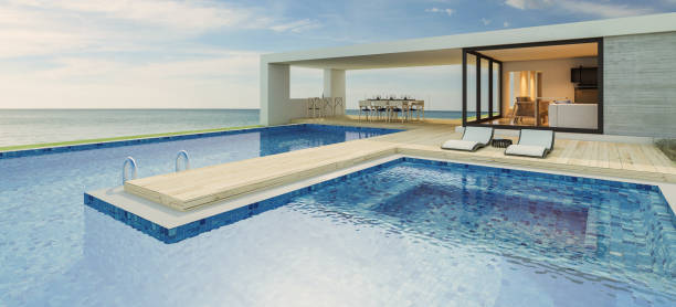 istock Modern house with a swimming pool, sea view 1304912378