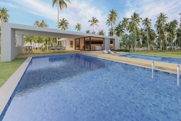 istock Modern house with a swimming pool, sea view 1304912484