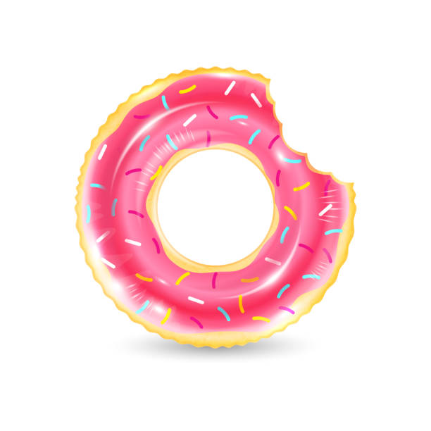 istock Inflatable ring looking like donut isolated on white background. Realistic colorful rubber swimming buoy. Vector illustration of top view at pool floater in glazed doughnut shape, beach toy 1304912937
