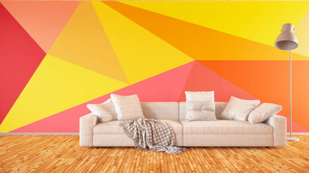 istock Modern Living Room with Sofa and Geometric Wallpaper 1304913115
