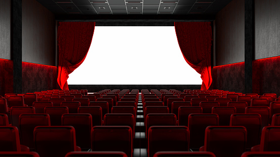 Empty Movie Theater with Red Seats and Blank Screen. 3d render