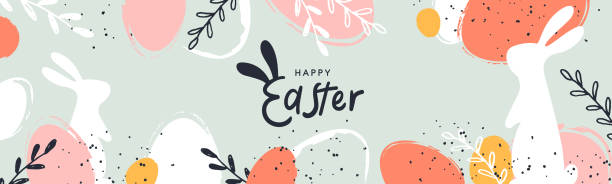 Happy Easter banner. Trendy Easter design with typography, hand painted strokes and dots, eggs and bunny in pastel colors. Modern minimal style. Horizontal poster or greeting card Happy Easter banner. Trendy Easter design with typography, hand painted strokes and dots, eggs and bunny in pastel colors. Modern minimal style. Horizontal poster, greeting card, header for website easter patterns stock illustrations