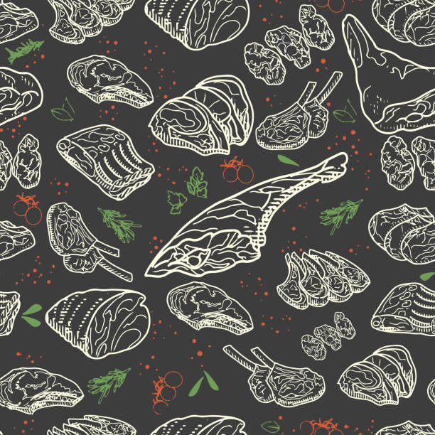 Meat vector sketch pattern Seamless pattern of meat products. Beef, pork, lamb. Drawing in chalk on a chalkboard. Vector illustration in the sketch style. lambchop stock illustrations