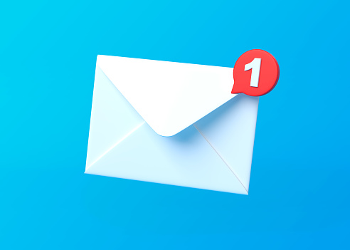 White mail envelope with red marker message on blue background. Envelope falling on the ground. Email notification. Minimal design. 3D rendering illustration